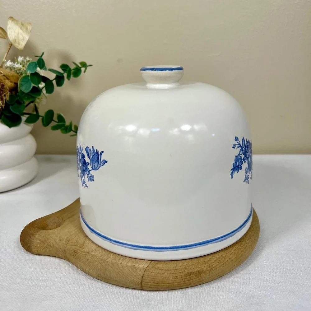Vintage Porcelain Floral Cheese Ball Cover w/ Wood Base